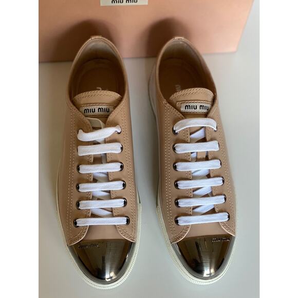 NIB Miu Miu Women's Metal Cap Toe Leather Sneakers (40 Euro) 5E8998 IT - Picture 5 of 8
